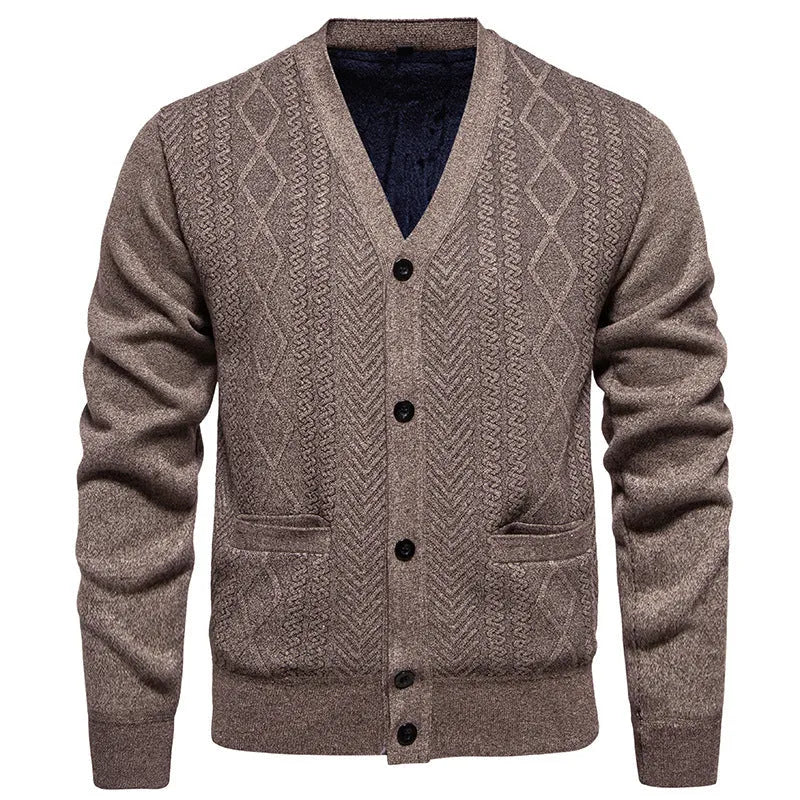 Man wearing a long sleeve striped cardigan sweater in brown, available in sizes M to 3XL.