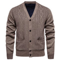Man wearing a long sleeve striped cardigan sweater in brown, available in sizes M to 3XL.