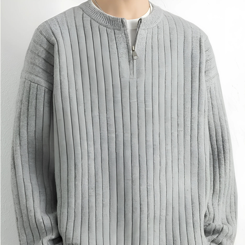 Men's grey half-zip textured knit sweater with loose fit and long sleeves