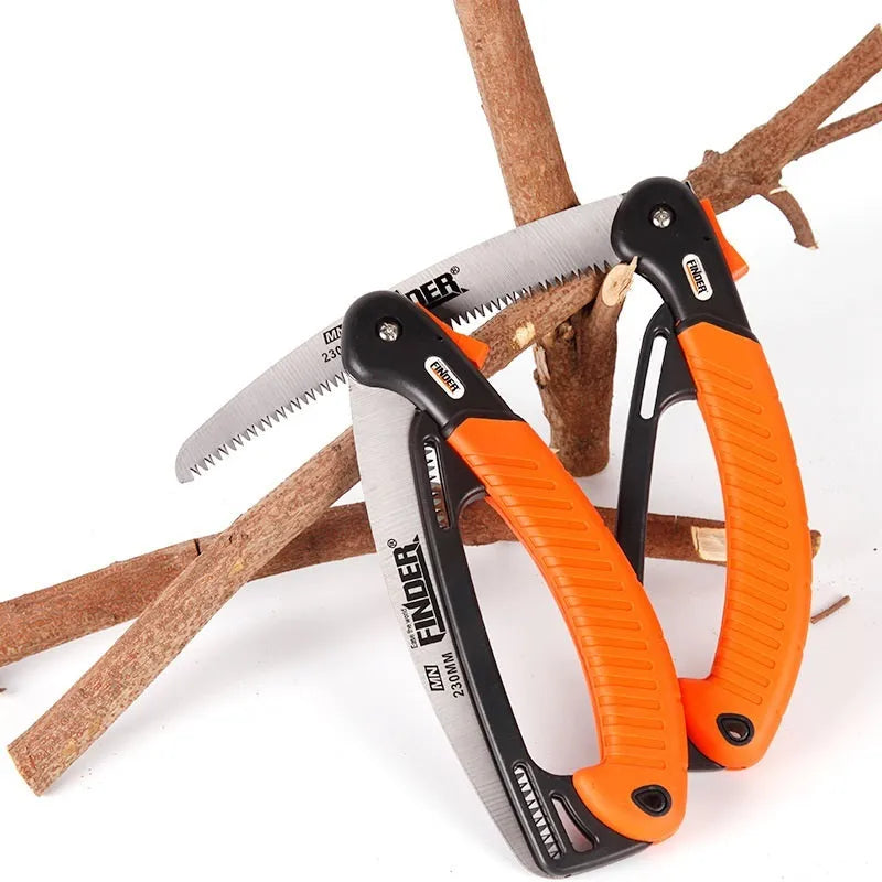 9-inch folding garden saw with TPR grip handle showing extended and folded positions