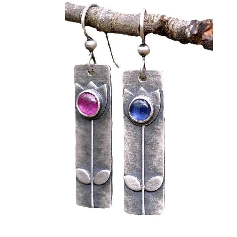 Women's antique finish red sapphire earrings with geometric retro design and electroplated metal construction