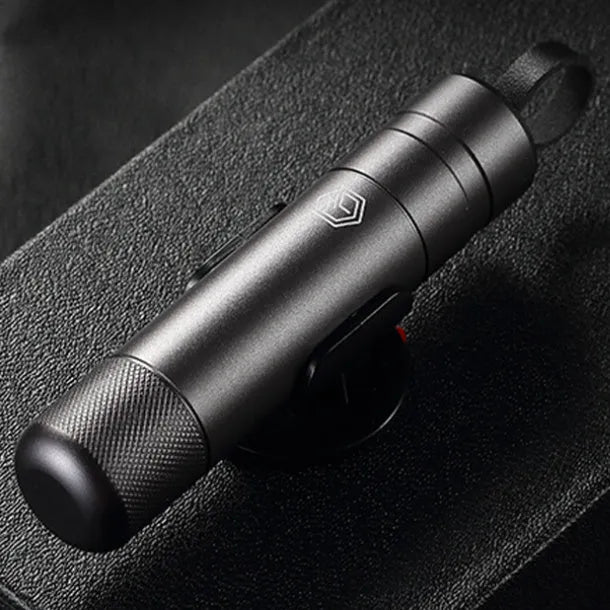 Gun grey aluminium alloy car safety hammer measuring 87mm with seatbelt cutter and test glass