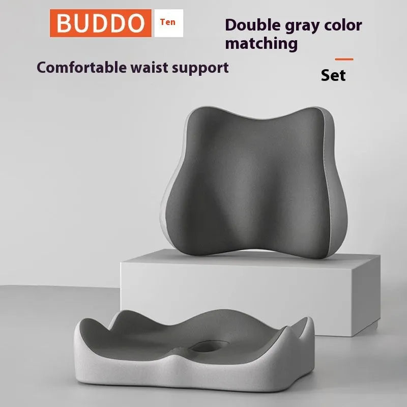 Memory foam waist and tailbone support seat cushion in a blue and grey colour combination.