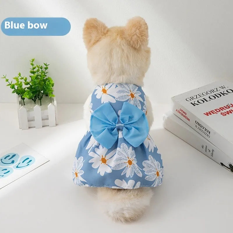 Orange floral butterfly knot princess dress on dog showing ultra-thin summer pet clothing