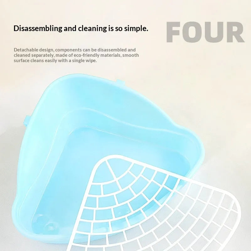 Triangular plastic pet bunny toilet potty in white, yellow, pink, or blue for small animal corner use