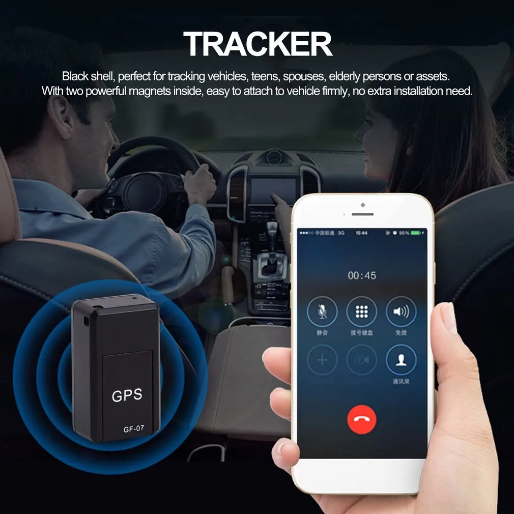 Small black magnetic GPS car tracker device with USB charging cable.