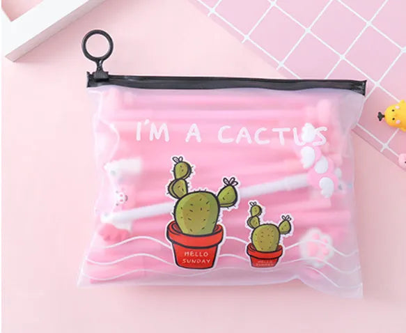 Marvel cactus cartoon pen set showing 20 colourful 0.5mm black ink pens in plastic carrying case