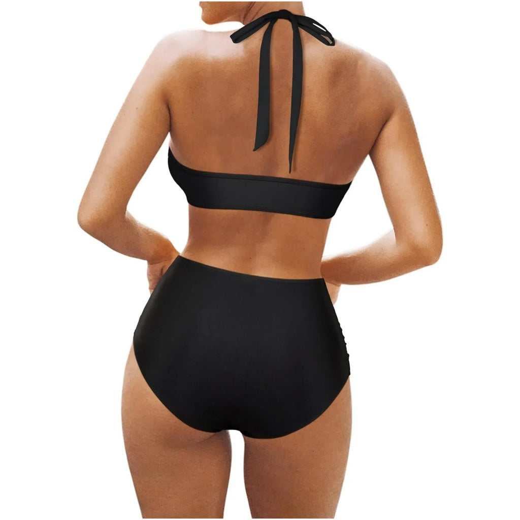 Women's black, rose red, and leopard print polyester fibre bikini set with brief style