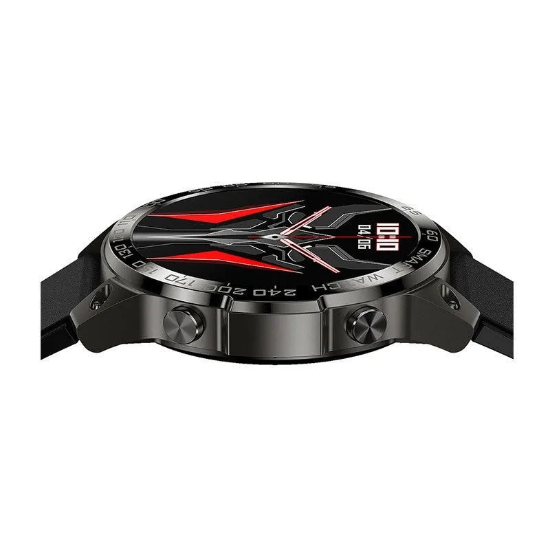 Black Bluetooth sports watch with round AMOLED screen and silicone strap on wrist