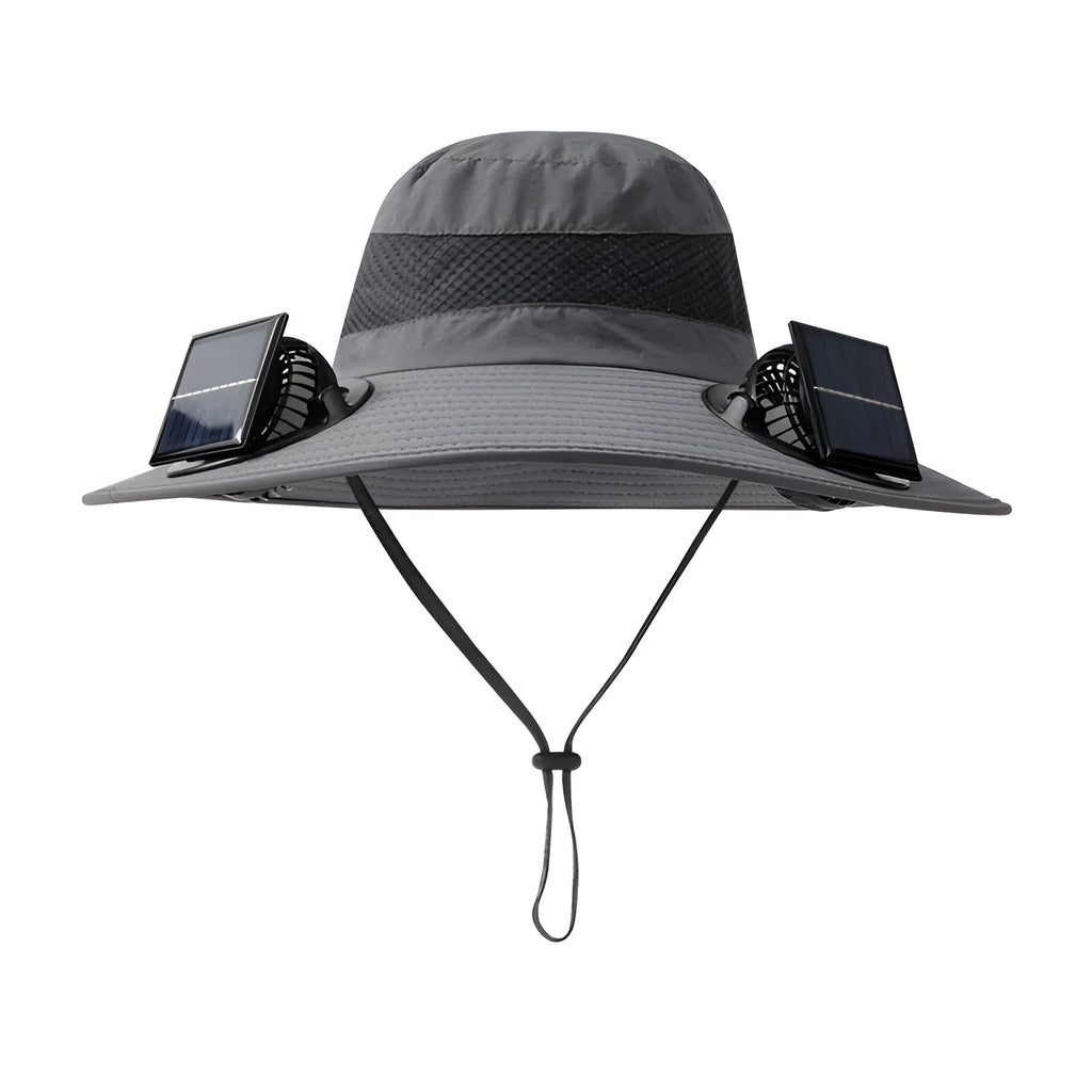 Customisable solar-powered fisherman's hat with integrated fan in beige, black, grey, or khaki.
