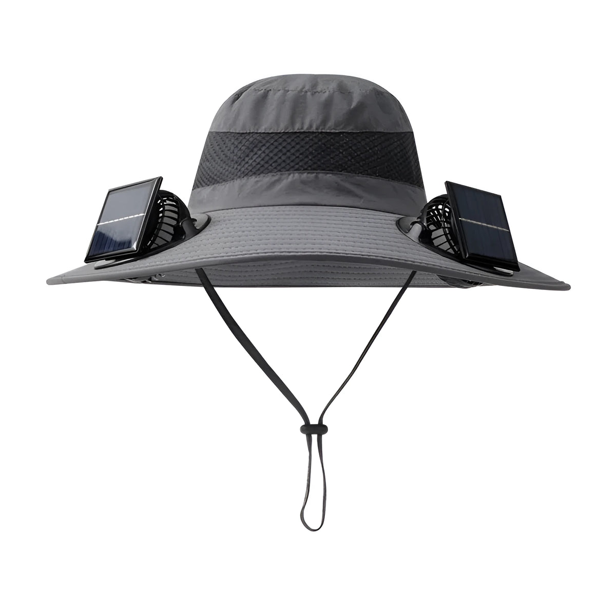 Customisable solar-powered fisherman's hat with integrated fan in beige, black, grey, or khaki.
