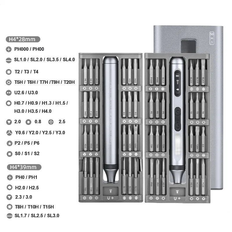 Precision electric screwdriver with aluminium handle showing length and compact design