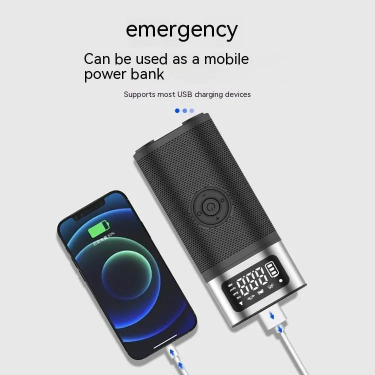 Black portable wireless vehicle air pump with 15cm tube, multiple nozzles, and USB charging cable