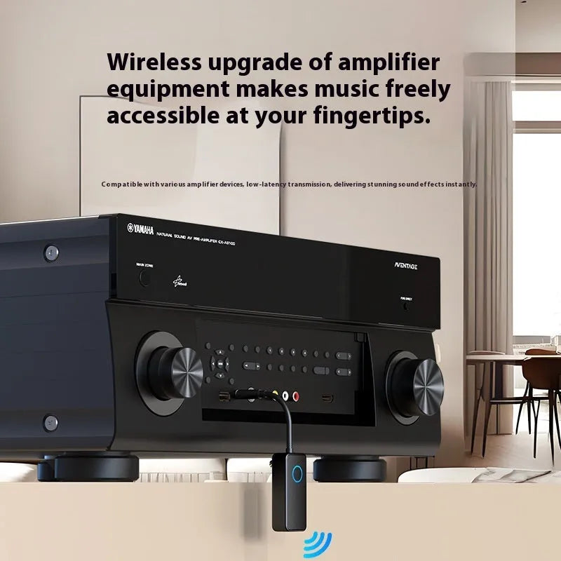 Black Bluetooth 5.4 audio adapter with a 3.5mm aux plug for wireless streaming to and from audio devices.