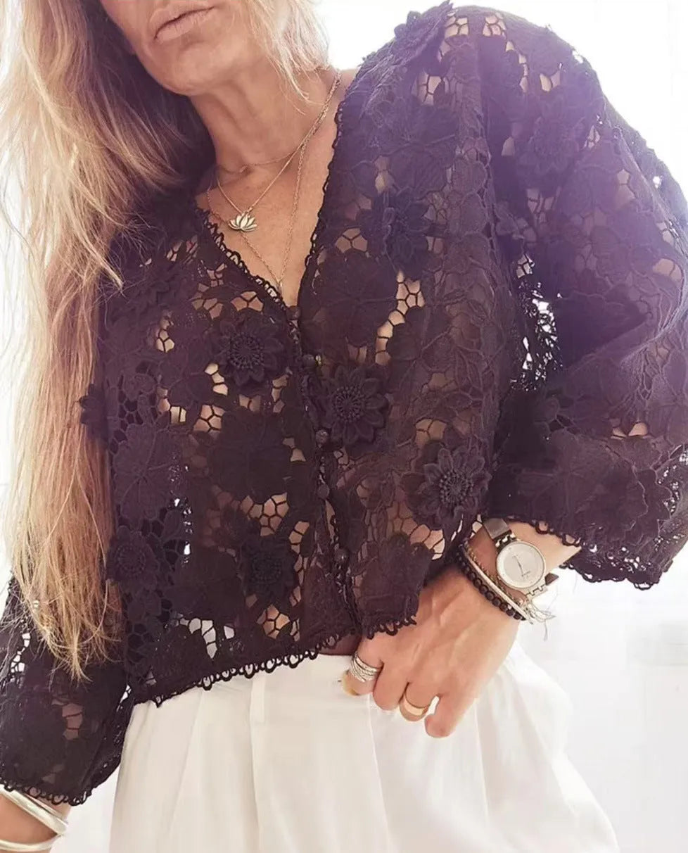 Loose lace cardigan with three-dimensional floral embroidery in street fashion style