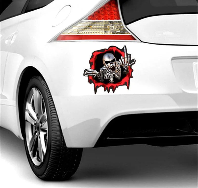 Reflective metal skull car sticker with colourful broken shell pattern measuring 15x14cm