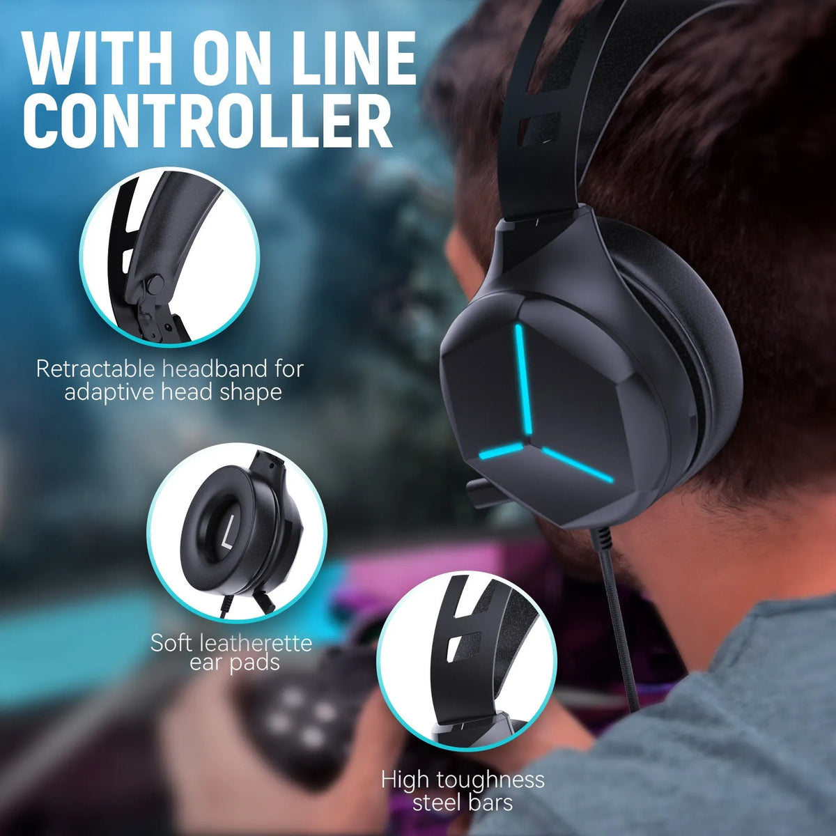 Multi In One wired gaming headphone with 3.5mm plug, over-ear protein PU leather earmuffs, and 50mm drivers.