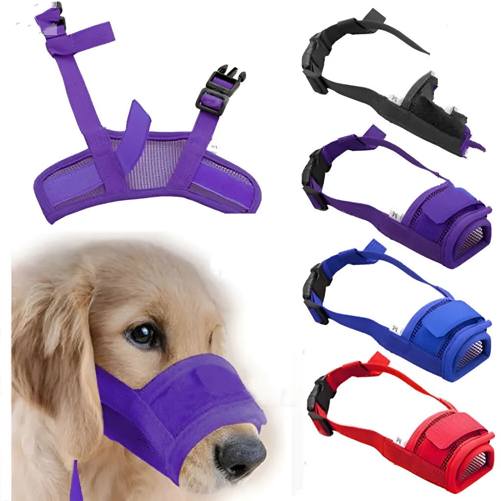 Adjustable plastic dog muzzle shown in multiple colours on a size chart from S to XXL.