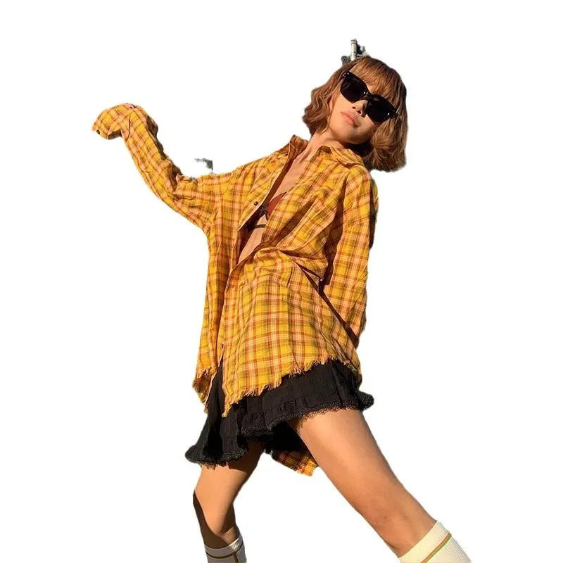 Dopamine yellow plaid loose fit shirt with cardigan styling in chemical fibre blend fabric