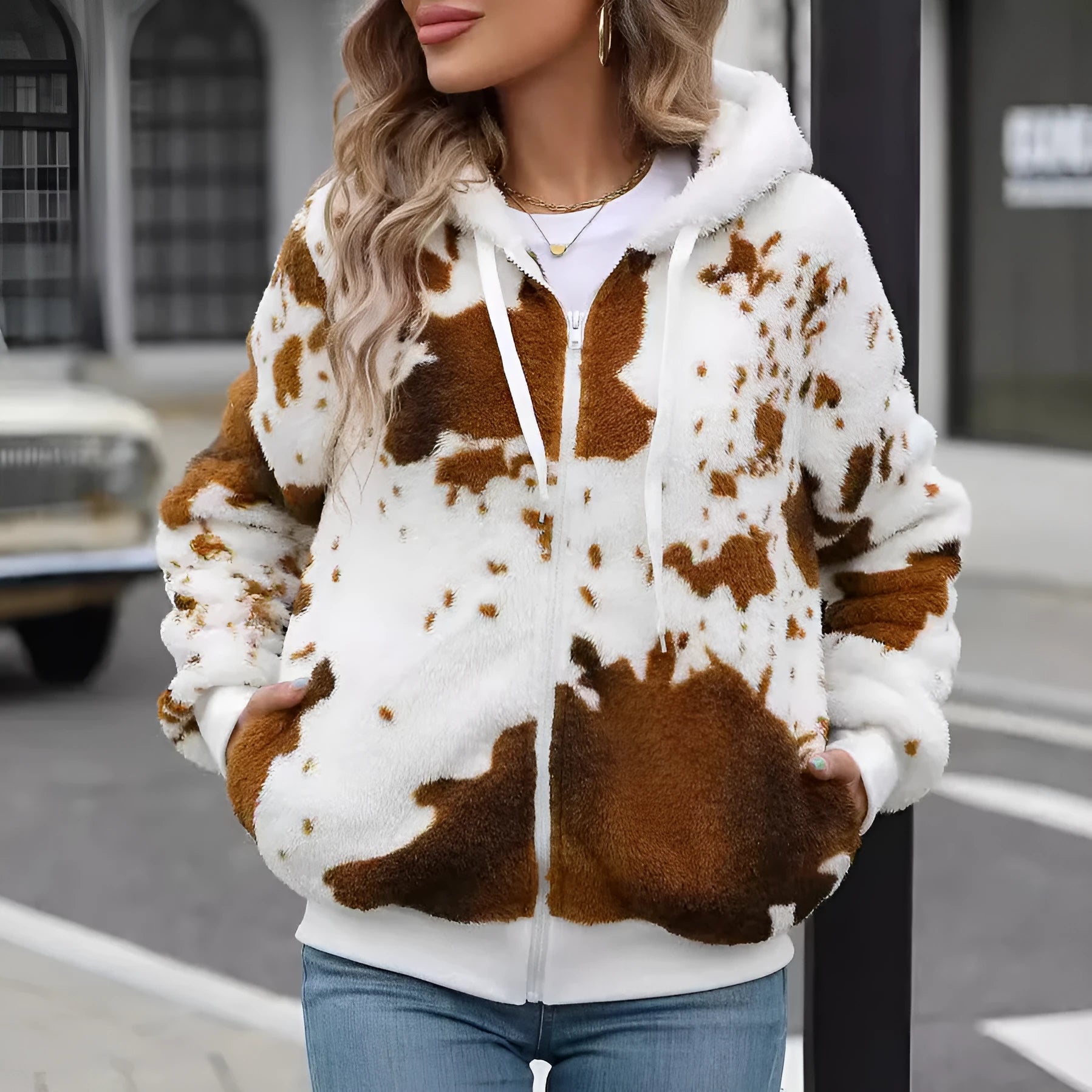 Yellow brown cow animal print hooded cardigan jacket with zip front on a hanger