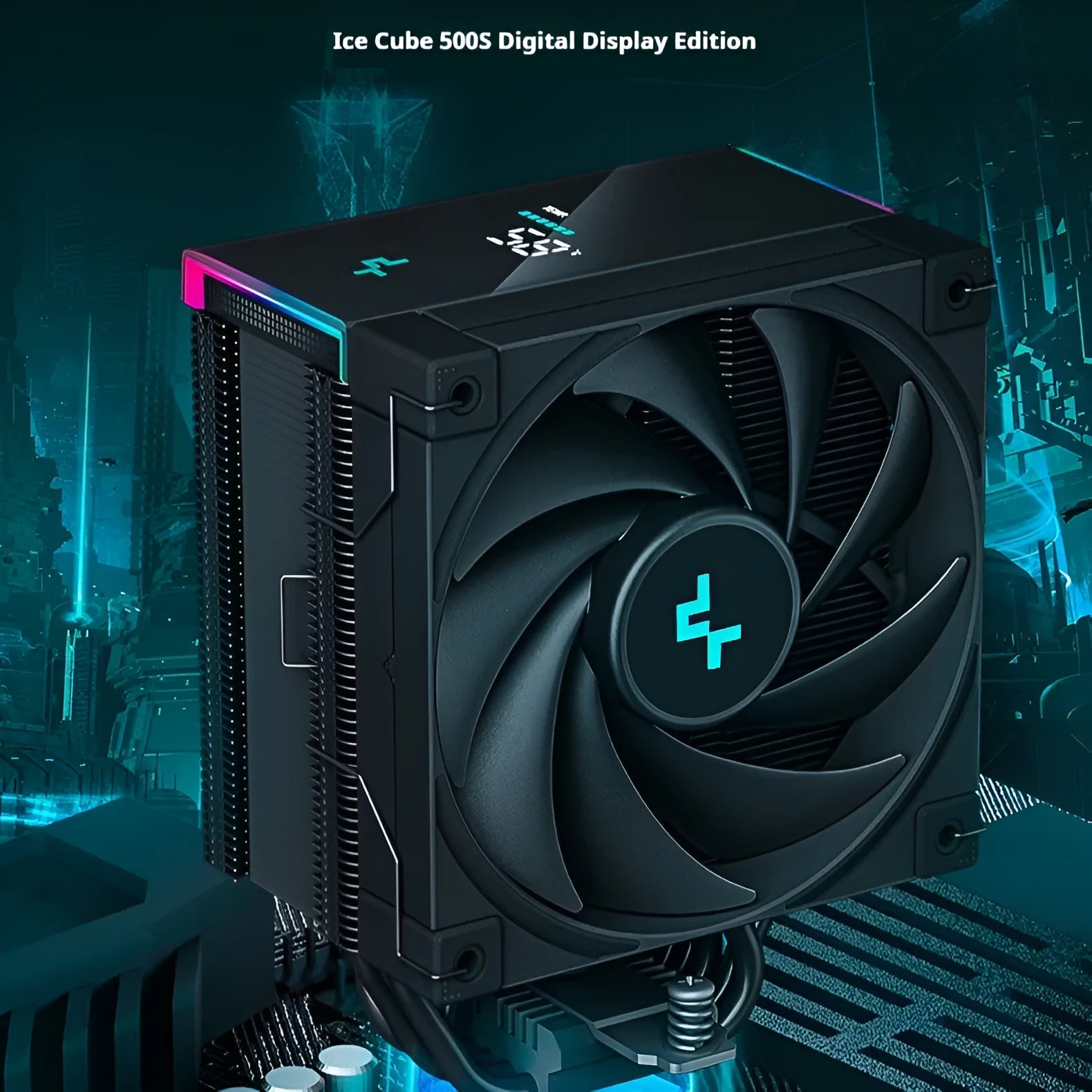 Black twin tower CPU air cooler with digital temperature display and dual fans