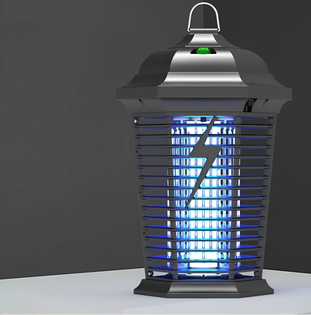 Black outdoor mosquito catcher with UV lamp and electric shock grid for patio and garden insect control
