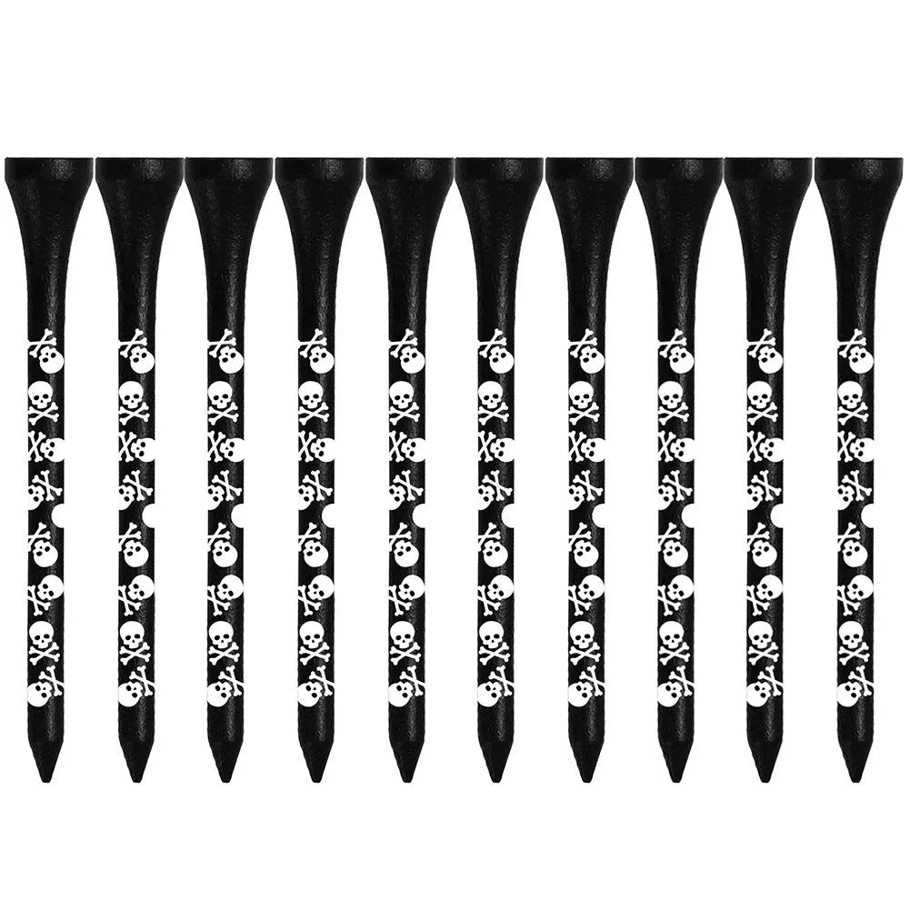 Black bamboo golf dowel pins with skull print in 70mm and 83mm sizes, 10-piece pack