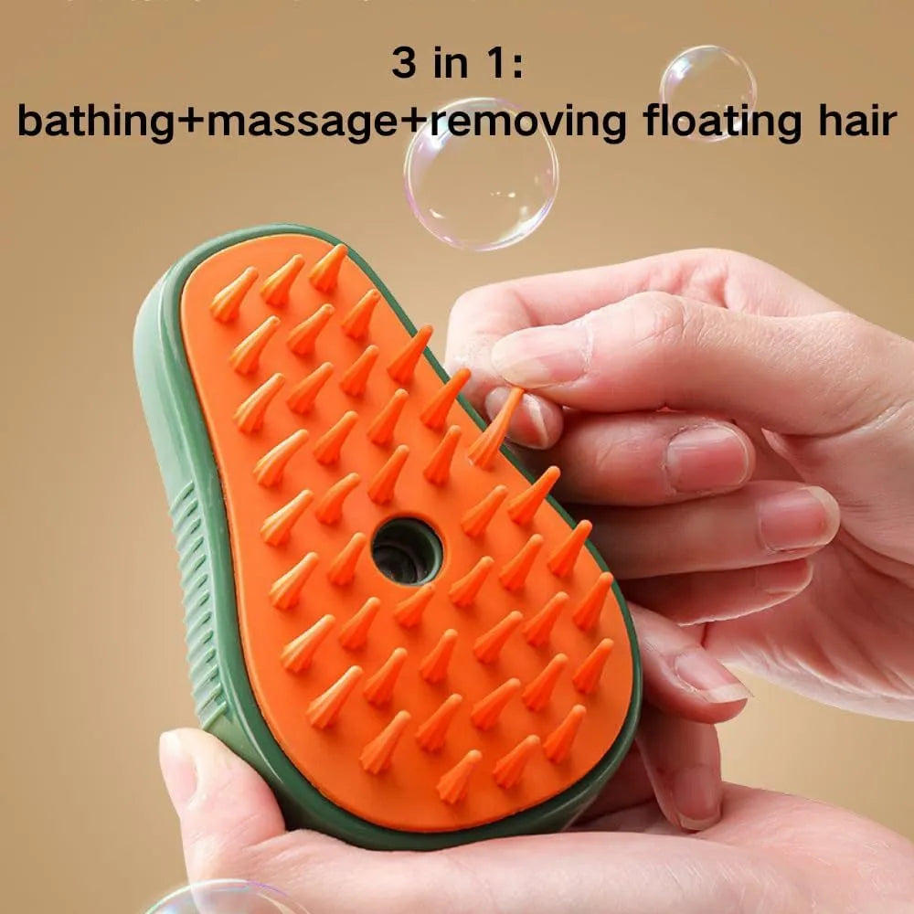 Green and white rechargeable cat steam brush with water spray and silicone grooming teeth