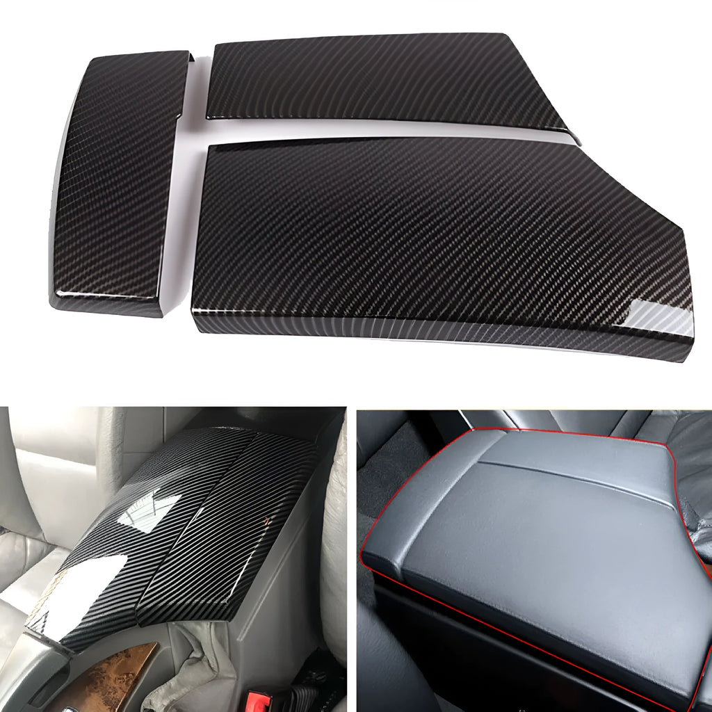 Three black ABS car armrest box covers with a glossy carbon fibre weave pattern.