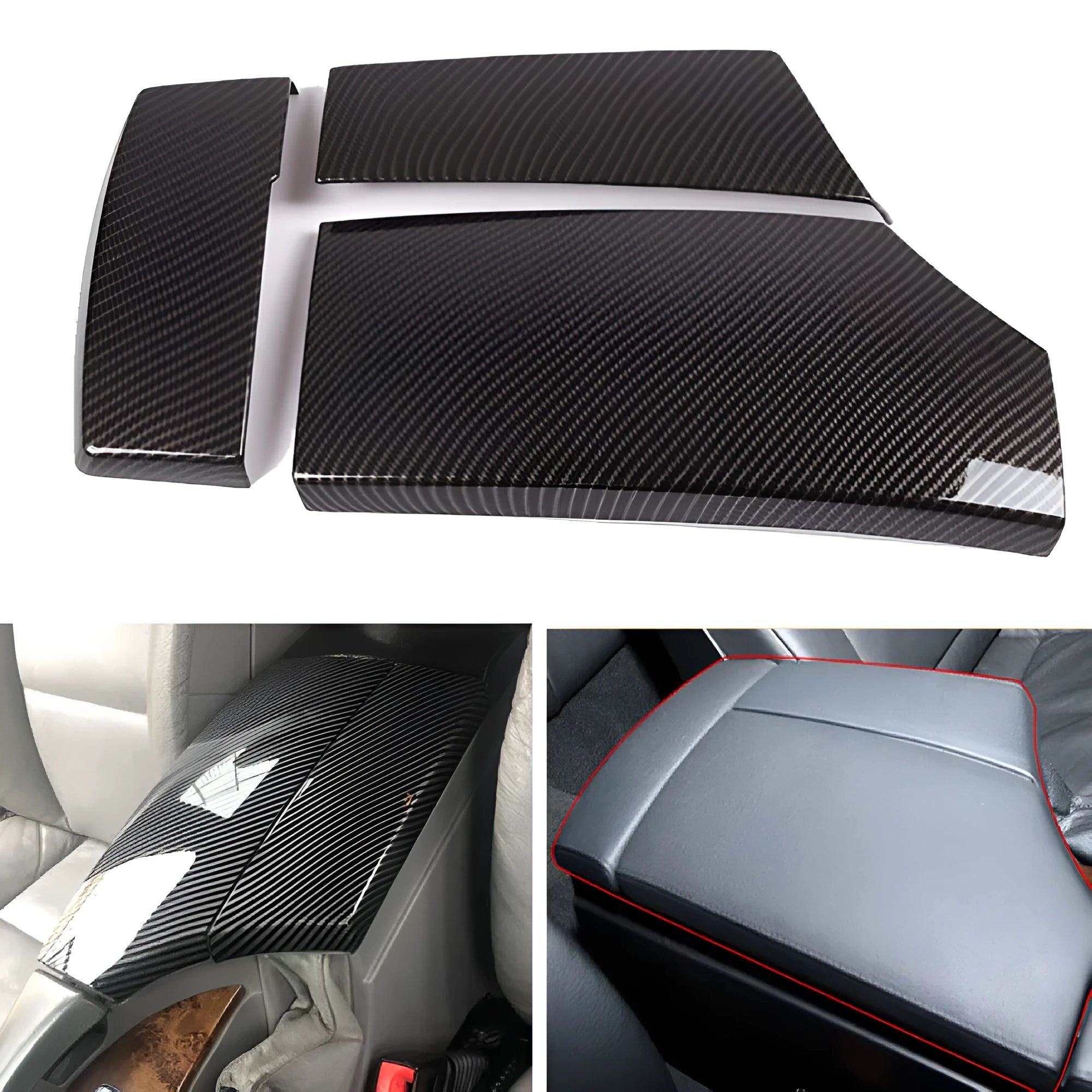 Three black ABS car armrest box covers with a glossy carbon fibre weave pattern.
