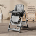 Adjustable baby dining chair with metal frame for babies over 6 months, shown in brown, white, grey, pink, or green.