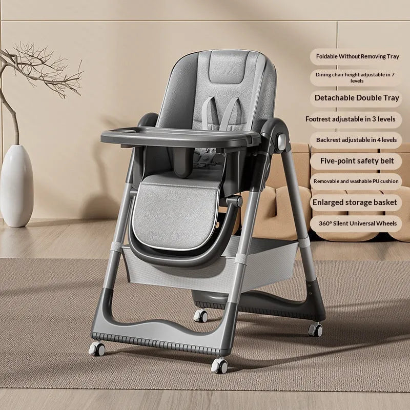 Adjustable baby dining chair with metal frame for babies over 6 months, shown in brown, white, grey, pink, or green.