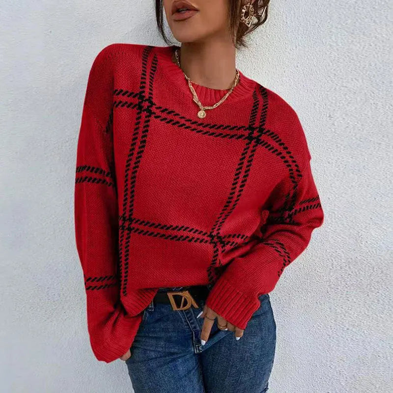 Women's casual plaid colour-block acrylic sweater with loose fit and crew neck