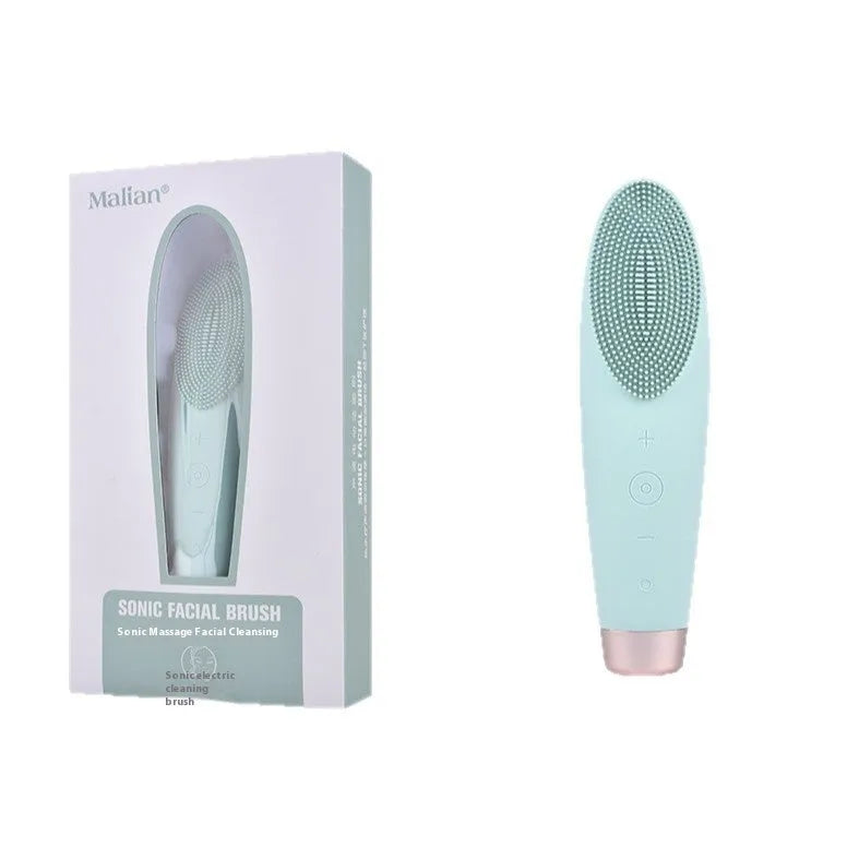 Green rechargeable electric facial cleaner with silicone and ABS body, seven speed settings for deep cleaning.