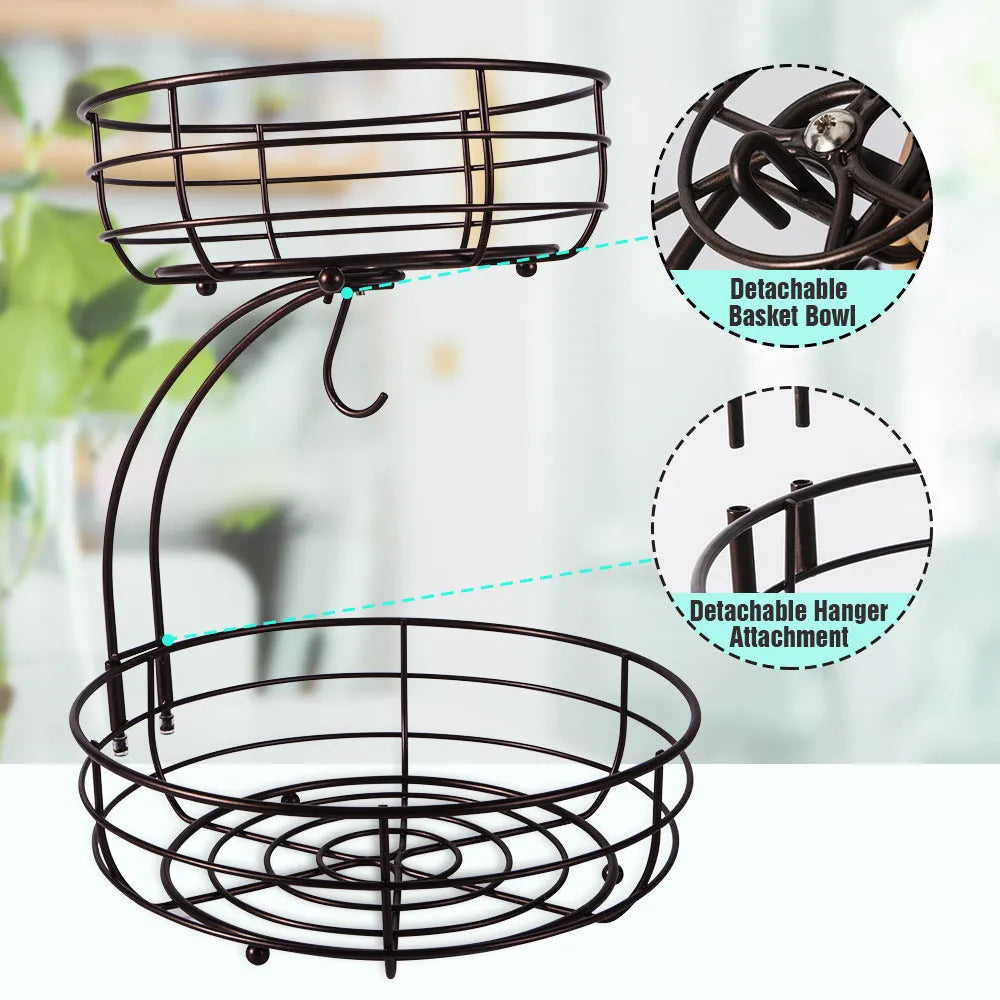 Black double-layer wrought iron fruit basket with two storage tiers for restaurant or home use