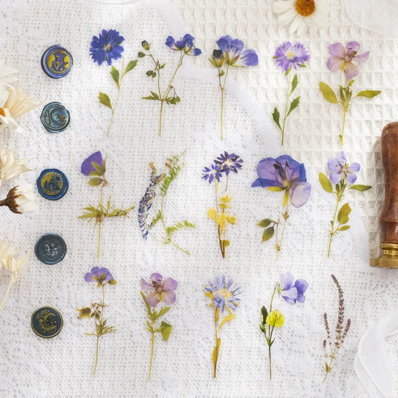 Dried flowers journal decoration stickers in eight colour themes including Dark Night Purple and rose nebula