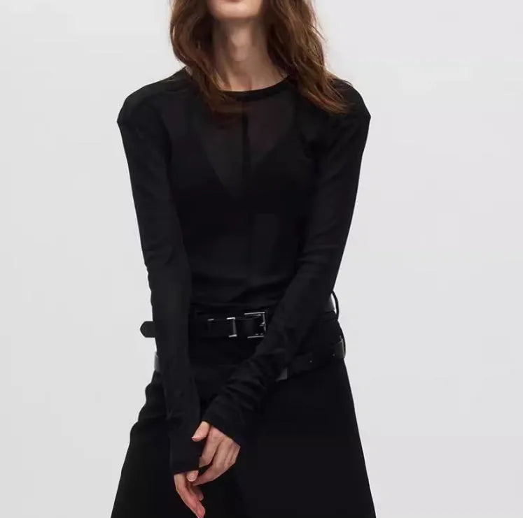 Black slim-fit women's pullover top with mesh see-through texture and long sleeves.