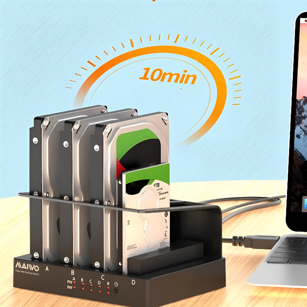 External four-bay hard drive expansion dock for 2.5 inch SATA drives with cables and brackets.