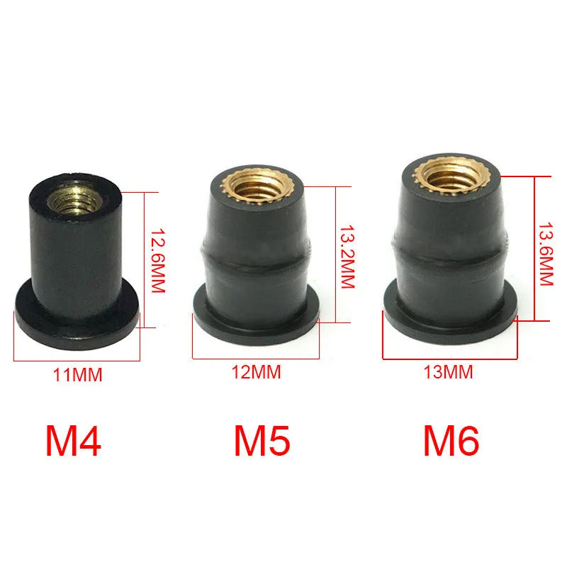 Ten black rubber well nut fasteners with brass inserts for motorcycle windshield mounting, showing M4 M5 M6 sizes.