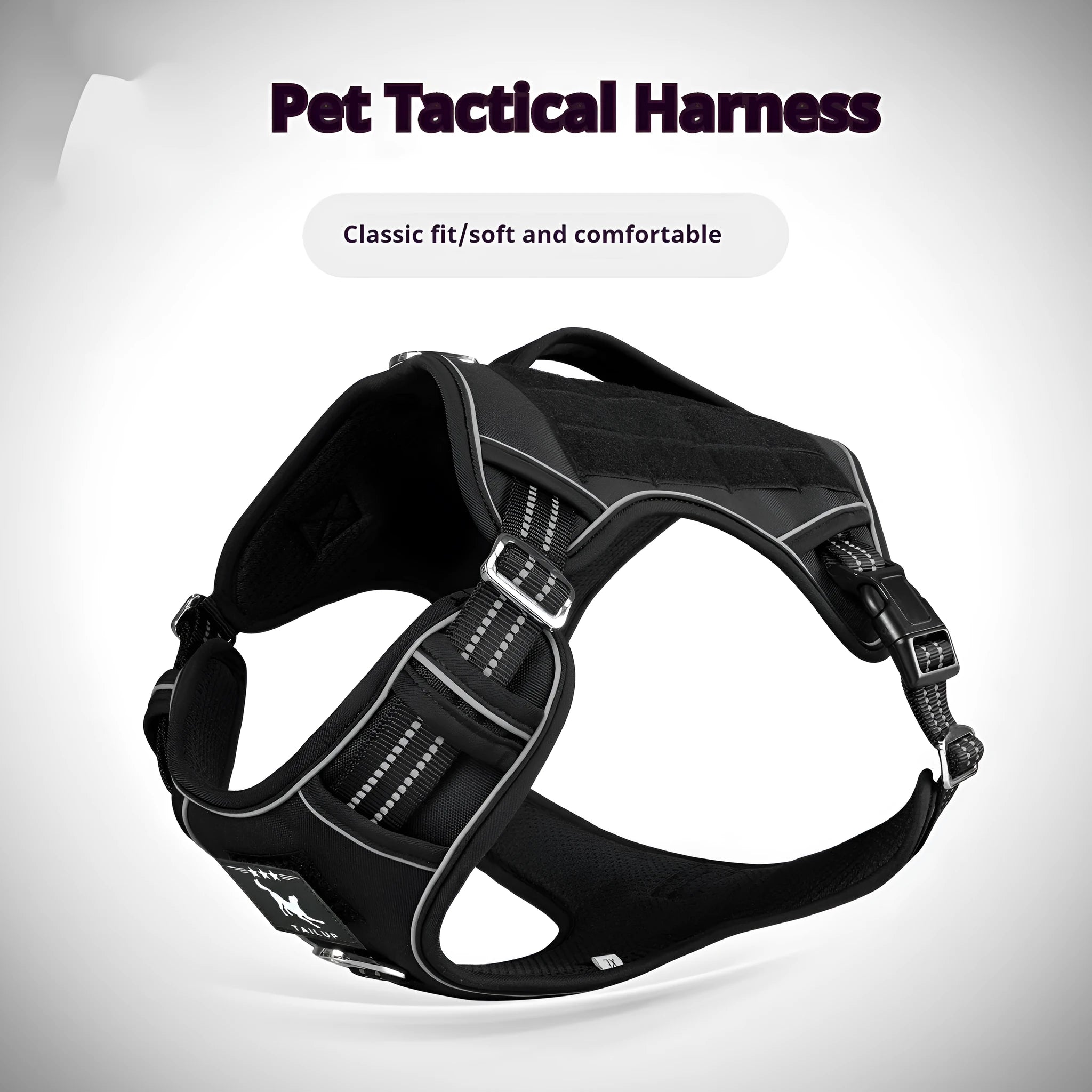 Search and rescue patrol working dog wearing tactical chest strap harness in olive green Oxford cloth