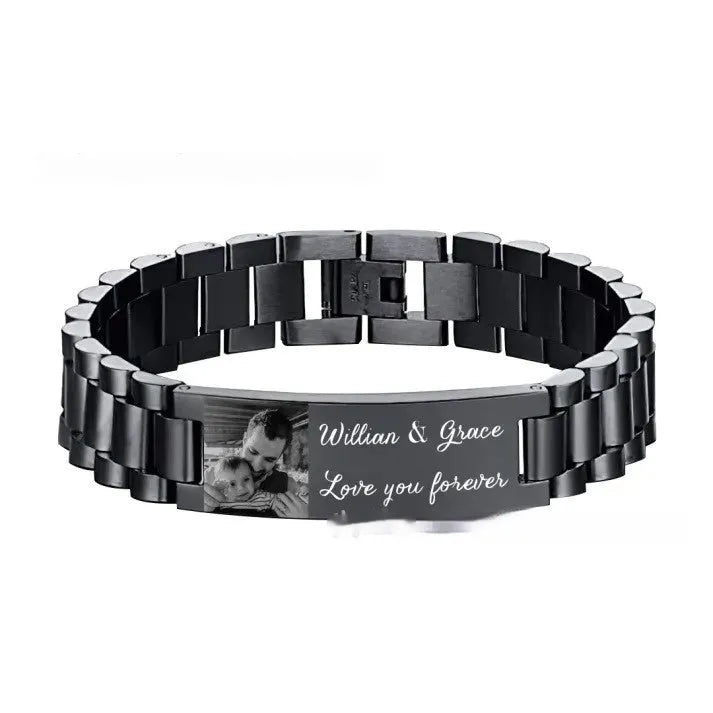 Men's curved heart-shaped stainless steel bracelet with engraved lettering, presented in a gift box.