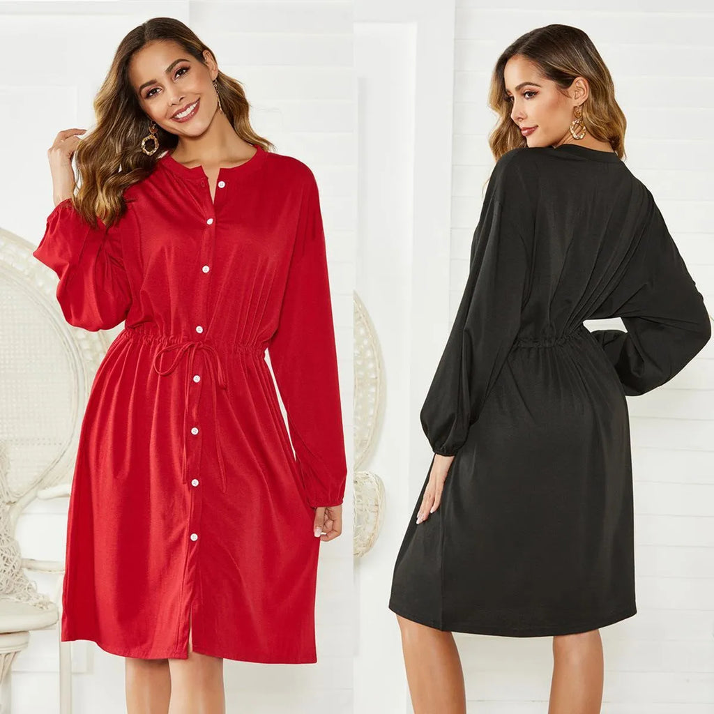 Polyester A-line dress with elastic waist and long sleeves featuring elastic cuffs