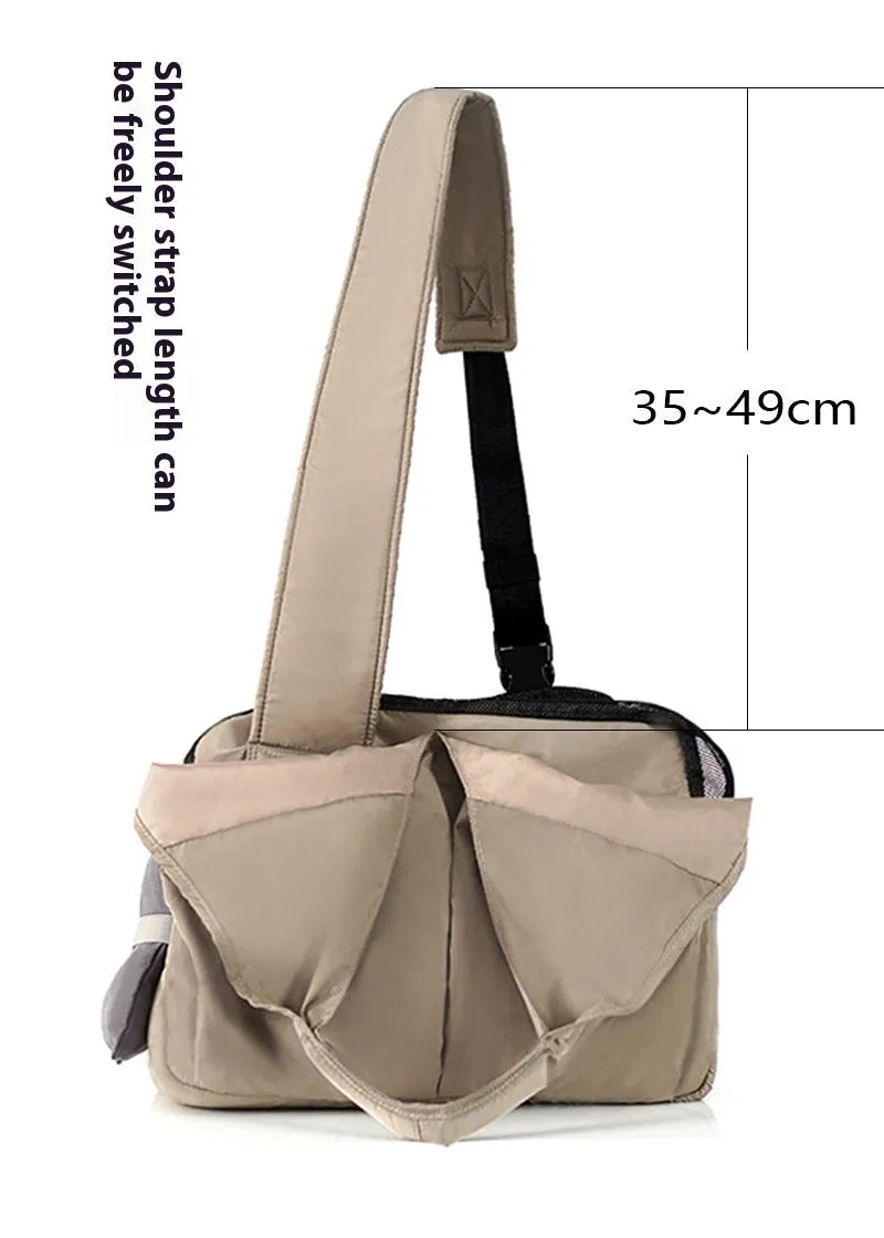 Apricot cloth pet handbag carrier for small dogs and cats with dimensions 41x16x28cm