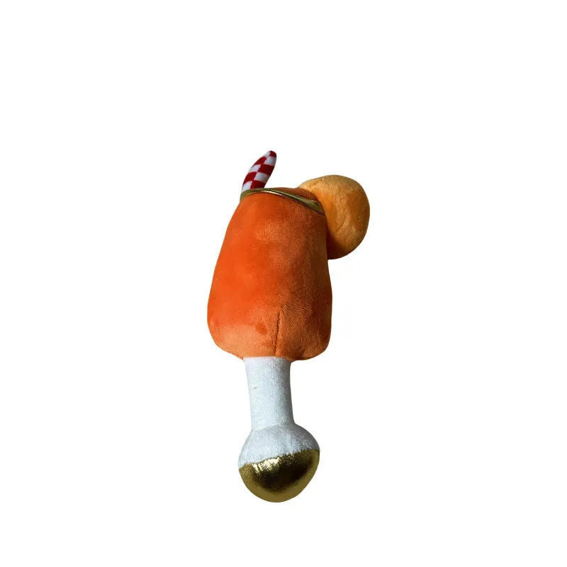 Yellow beer bottle shaped plush dog chew toy with textured surface and squeaker mechanism