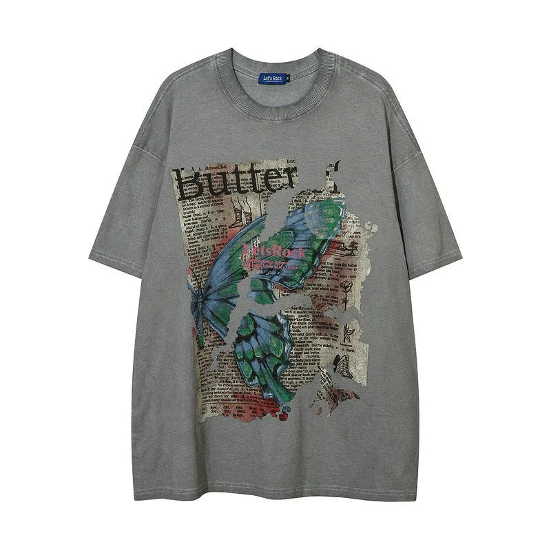 Men's cotton short sleeve loose pullover top with letter pattern in black or grey, sizes M to XXL