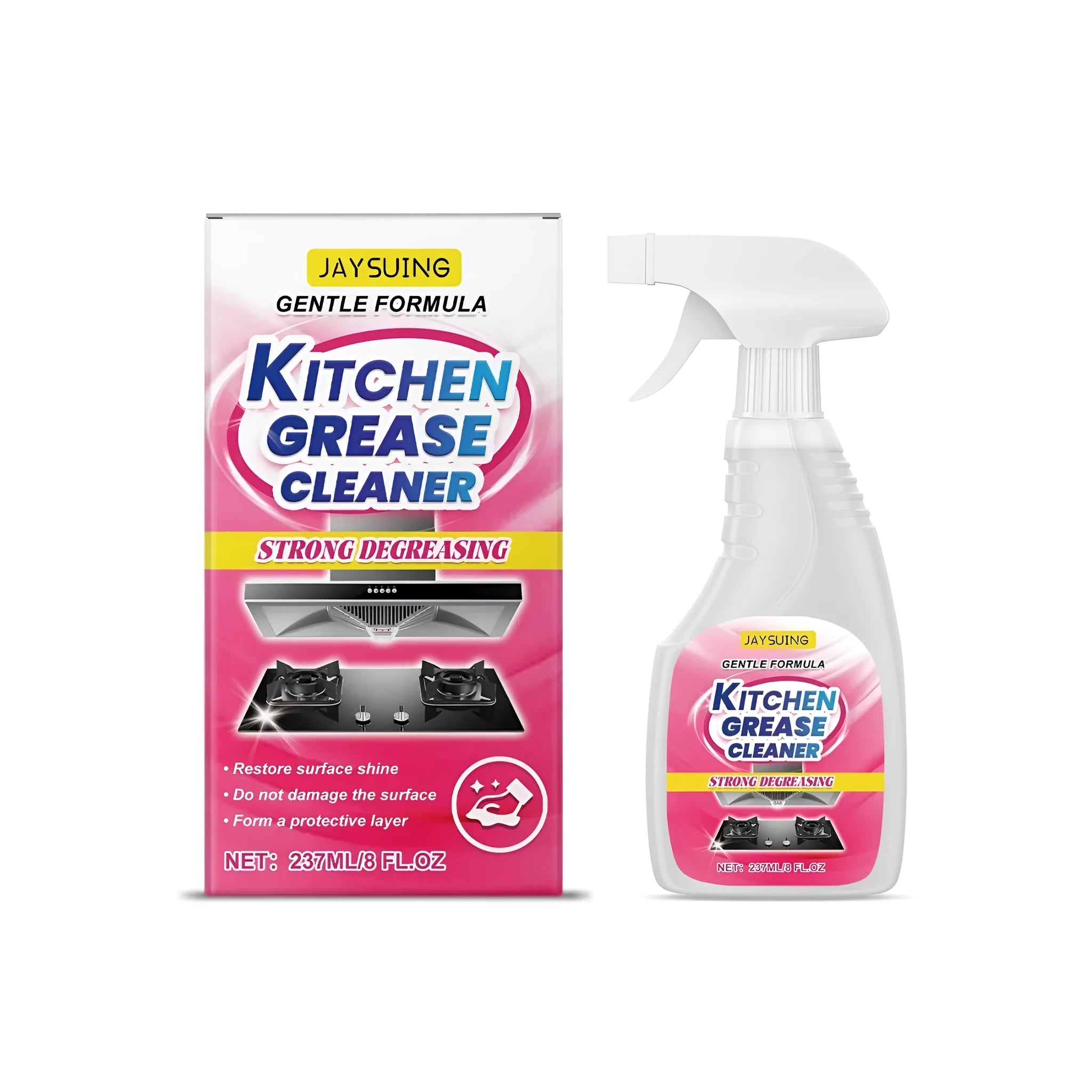 237ml bottle of kitchen grease cleaner spray on a kitchen surface.
