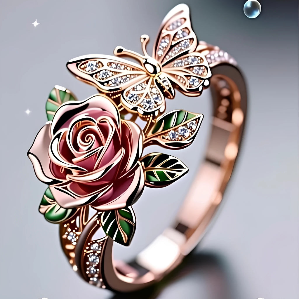 Adjustable fairy style butterfly alloy ring with colourful oil drip finish and floral insect leaf design.