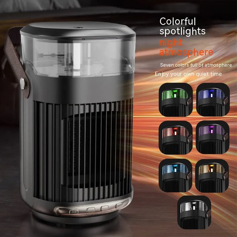 Black portable heater with humidifier showing front control panel and compact 24x13x13cm dimensions