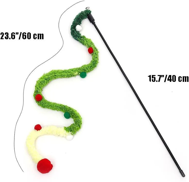 Cat wand toy with colourful fluffy ball and bell on 60cm plush strip attached to 41cm pole