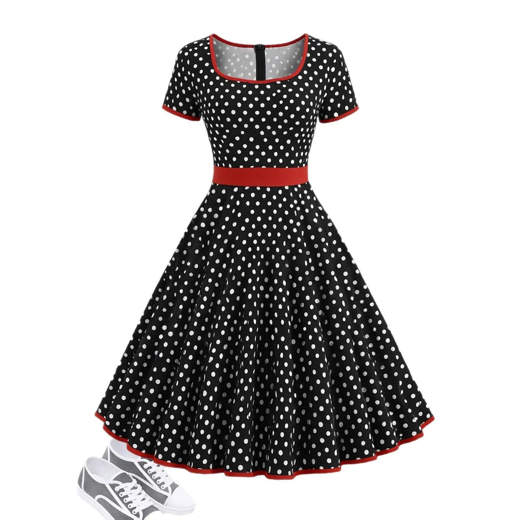 Polka dot square collar pleated dress with short sleeves in multicolour polyester fabric